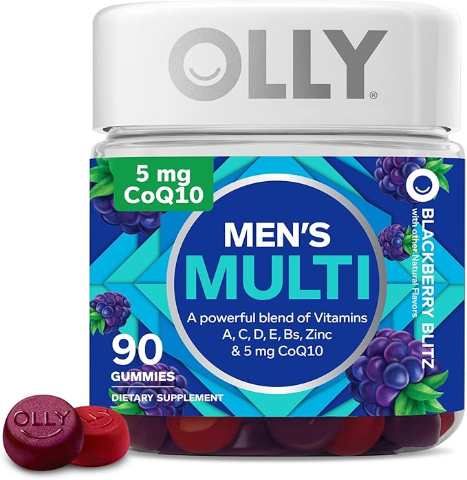OLLY Men's Multivitamin Gummy Overall Health and Immune Support Vitamins A C D E B Lycopene &amp Extra Strength Daily Energy Gummy Caffeine Free 1000mcg Vitamin B12 CoQ10 Goji Berry