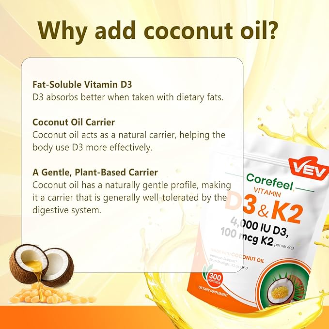 VEV Vitamin D3 K2 4000 IU 100 mcg MK-7 300 Softgels with Coconut Oil Easy to Swallow K2 D3 Vitamin Supplement Daily Nutrient Support