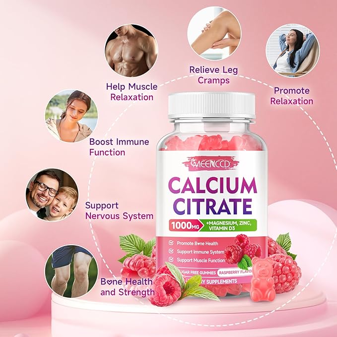 2 Pack Calcium Citrate Gummies 1000mg w/Vitamin D3 High Absorption Calcium Gummies for Women &amp Men Plus Magnesium Potassium Zinc for Muscle &amp Immune Support Raspberry Flavor 120 Count