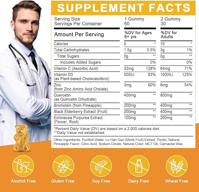 Quercetin Gummies with Bromelain for Adults &amp Kids - Immune &amp Seasonal Wellness Support 800mg Quercetin with Bromelain Zinc Elderberry Vitamin C &amp D3 - Sugar Free Vegan Pineapple Fla