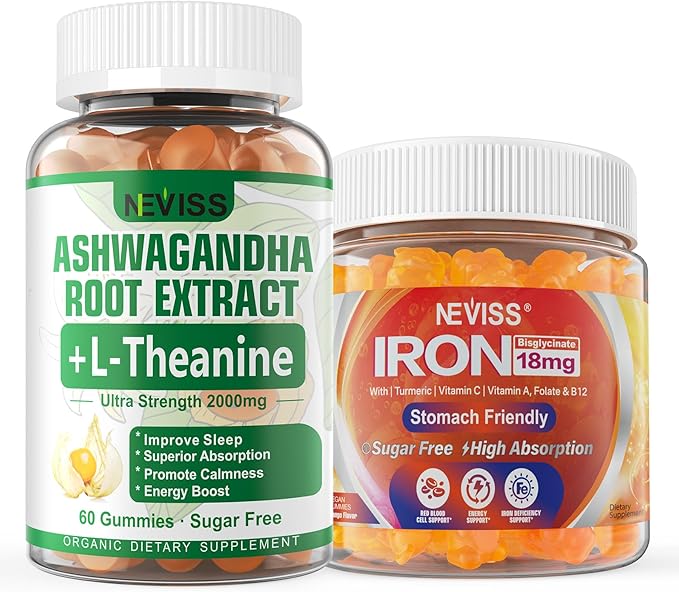 NEVISS Ashwagandha Gummies 2000mg Feel Refreshed Plus Proprietary Blend Vegan Iron Gummies Supplement with Vitamin C B12 Folate &amp Turmeric - Energy &amp Immune Health