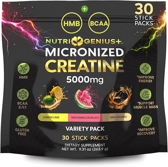 Nutri Genius Creatine Monohydrate 5g Stick Packs | BCAA 2:1:1 + HMB Pre &amp Post Workout Supplement | Muscle Energy Strength &amp Recovery | 30 Servings