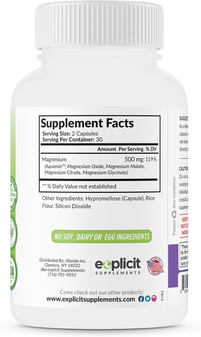 Quad Magnesium Complex Supplement - 500mg of Magnesium Glycinate Malate Oxide &amp Citrate for Support of Muscles Sleep Energy &amp Relaxation - High Absorption with Aquamin - 60 Capsules