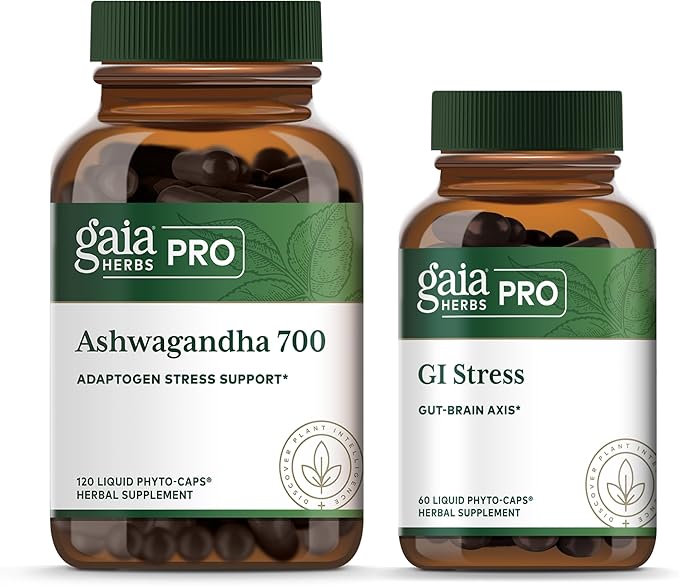 GAIA HERBS PRO Ashwagandha 700 for Immune Support* &amp PRO GI Stress with Holy Basil Lemon Balm &amp Chamomile – Vegan Herbal Supplements for Stress Digestion &amp Wellness* – Bundle (Pack of 2)