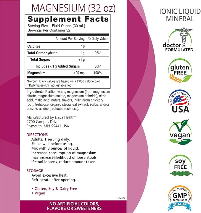 Eniva High Potency Liquid Ionic Magnesium Supplement 2-Pack Berry Flavor | 400 MG | Digestive Health Muscle Energy and Bones | Zero Calories | Zero Sugar | for Muscle Recovery - 64 Servings Total