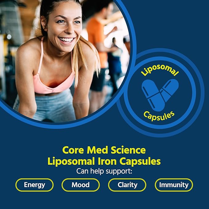 Core Med Science Liposomal Iron Supplement for Women &amp Men 65mg (90 Capsules) - Iron Absorption Vitamin Pills for Deficiency During Pregnancy - Easy to Swallow &amp Gentle on Stomach - Dairy-Fre