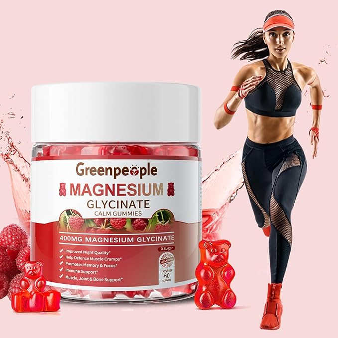 GREENPEOPLE Magnesium Glycinate Gummies 400mg - Sugar Free Magnesium Supplement with Magnesio Citrate Vitamin D and B6 for Calm Support &amp Sleep for Adults - High Absorption - Raspberry Gummies