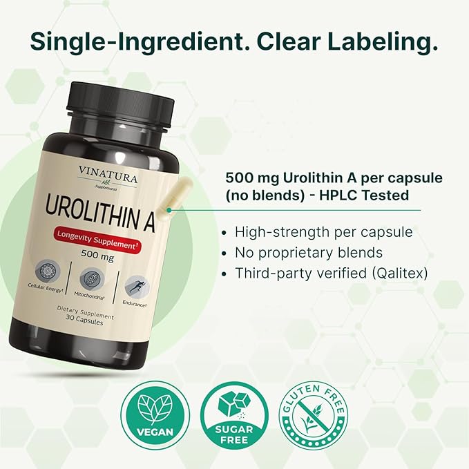 VINATURA Urolithin A Supplement 500mg - Urolithin A+ for Powerful Antioxidants Anti Aging and Mitochondrial Support 30 Capsules