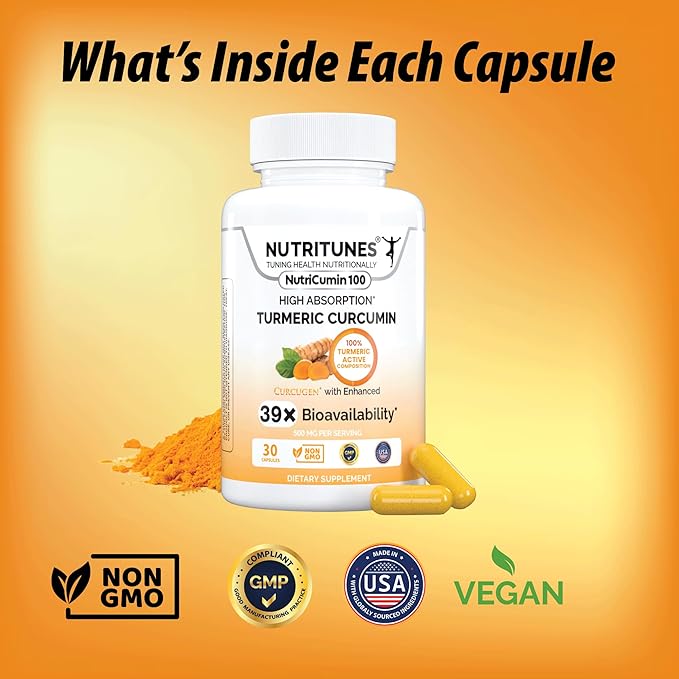 High Absorption Turmeric Curcumin Supplement –39X Enhanced bioavailability – 100% Turmeric Matrix – Vegan Non-GMO – 500mg – 30 NutriCumin 100 Capsules