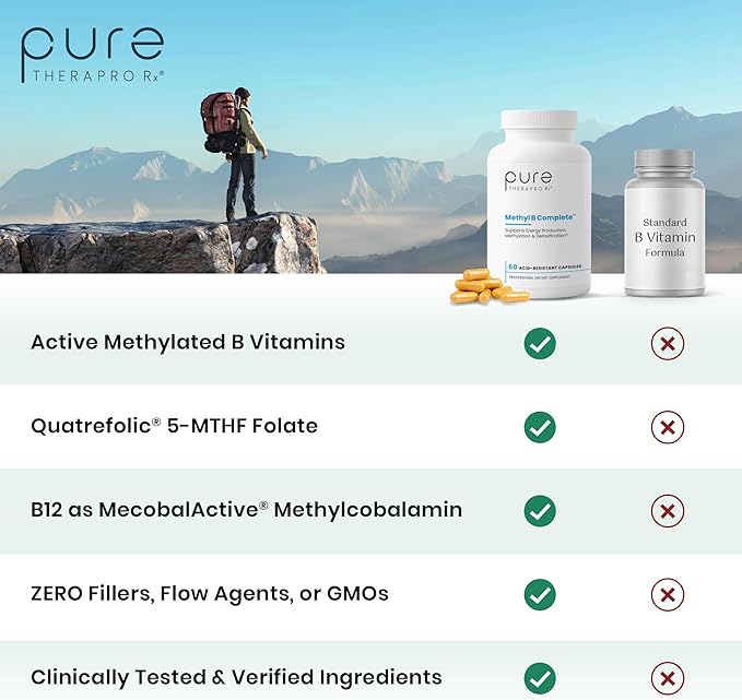 Methyl B Complete - 60 Vegetable Capsules | Optimal Methylation Support Supplement with Quatrefolic 5-MTHF (Active folate) Methylcobalamin (Active B12) B2 B6 and TMG | Pharmaceutical Grade