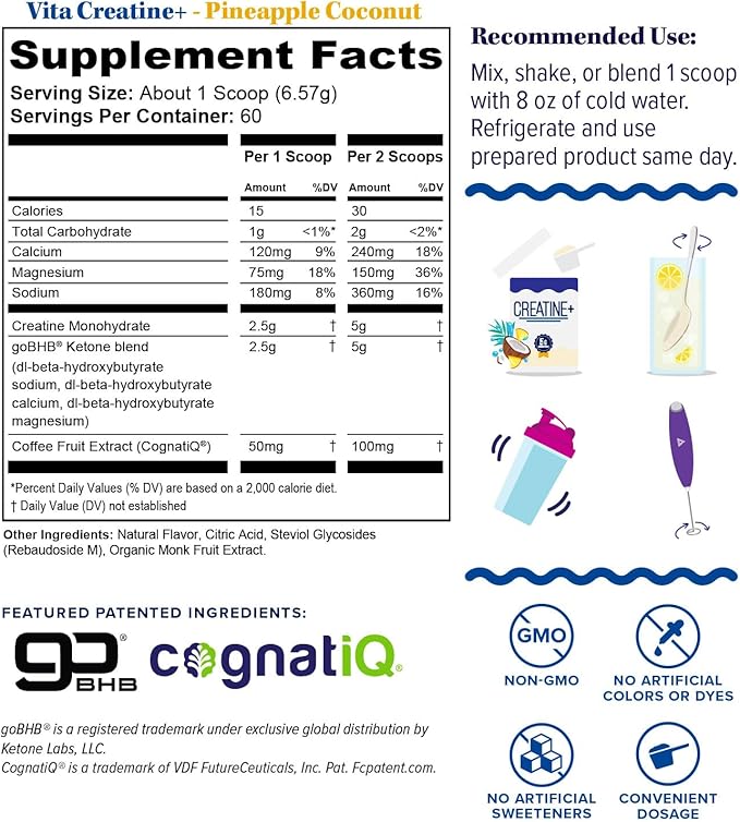 Creatine Monohydrate Powder for Women Micronized Creatine Monohydrate with goBHB &amp CognatiQ Building Strength Energy &amp Mental Clarity 5g Creatine per Serving Pineapple Coconut Flavored – 30