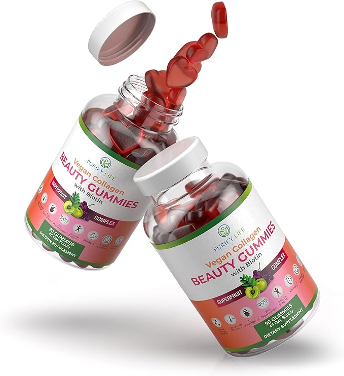 Vegan Collagen Gummies with Biotin Vitamins for Hair Skin and Nails Health (90 Chews) Collagen Support Superfruit Complex with Resveratrol Vitamin A E C - Replace Capsules Pills