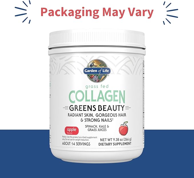 Garden of Life Grass Fed Collagen Greens Beauty Powder - Apple 14 Servings Powder for Women Skin Hair Nails Joints Collagen Peptides Powder + Protein + Greens Supplement