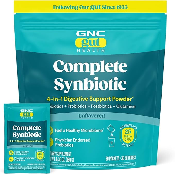 GNC Complete Synbiotic 4-in-1 Digestive Support Powder - Stomach Balance Formula with Physician-Endorsed Strains - Prebiotic Probiotic &amp Postbiotic Blend - Drink Mix - 30 Count (30 Servings)