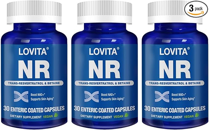 Lovita NR (Nicotinamide Riboside) 350 mg NAD Supplement with Trans-Resveratrol and Betaine Promote NAD Plus Levels Healthy Aging 30 Vegan Enteric-Coated Capsules (Pack of 3)