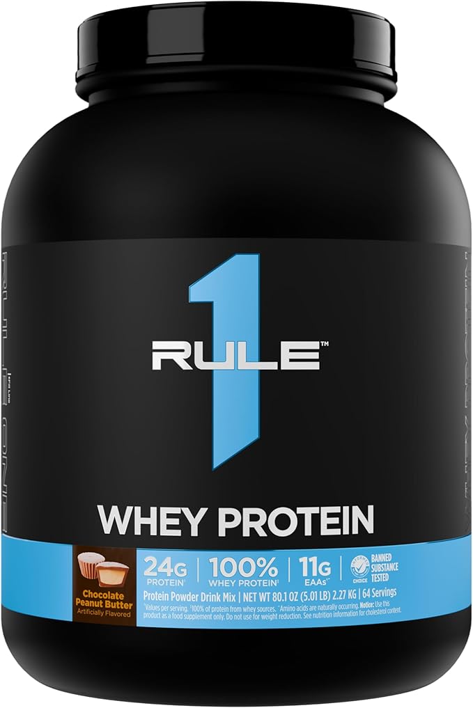 Rule 1 Whey Protein – 24g Fast-Acting Protein from All-Whey Sources with Naturally Occurring EAAs &amp BCAAs for Workout Recovery or Anytime Use (5 Pounds* Chocolate Peanut Butter)