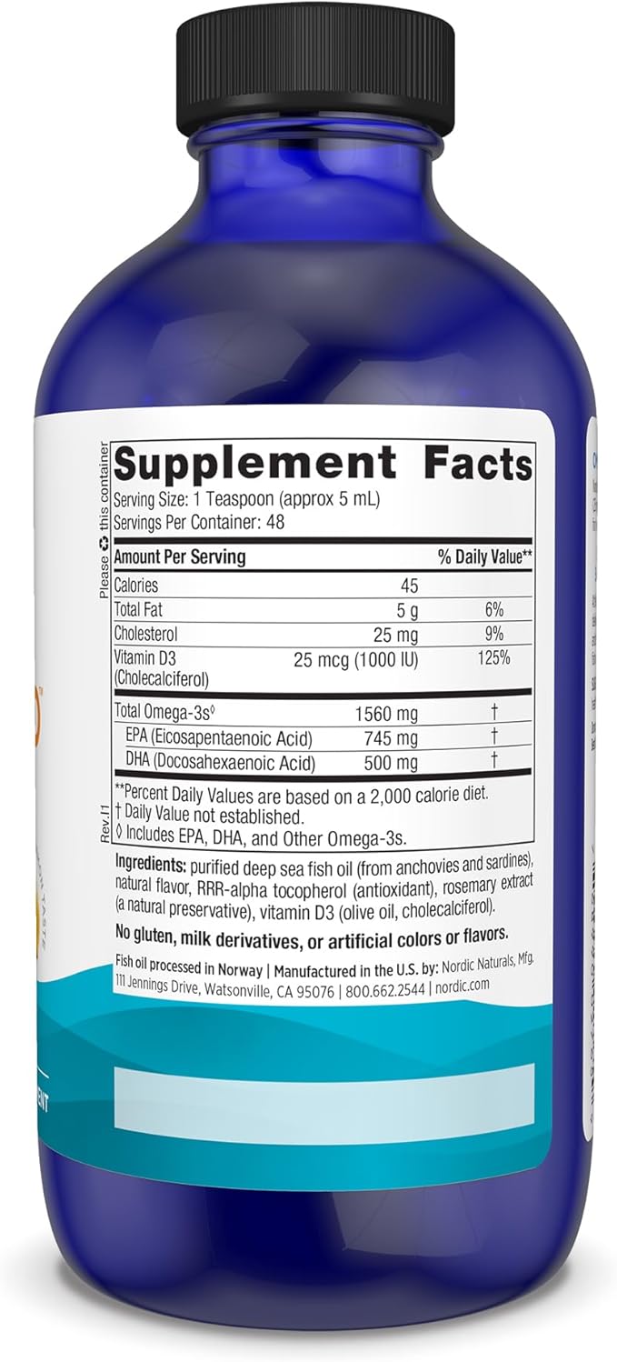Nordic Naturals Omega-3D Lemon Flavor - 8 oz - 1560 mg Omega-3 + 1000 IU Vitamin D3 - Fish Oil - EPA &amp DHA - Immune Support Brain &amp Heart Health Healthy Bones - Non-GMO - 48 Servings