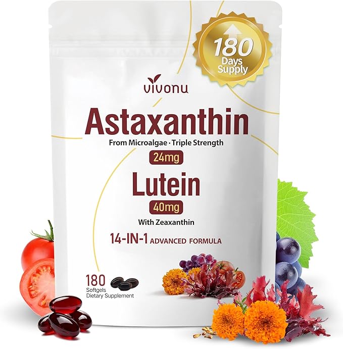 VivoNu 14-in-1 Astaxanthin 24mg &amp Lutein 40mg with Zeaxanthin Supplements 6 Month Supply Fresh Microalgae Source Gluten Free Non-GMO Supports Eye Skin Antioxidant 180 Softgels 1 Bag