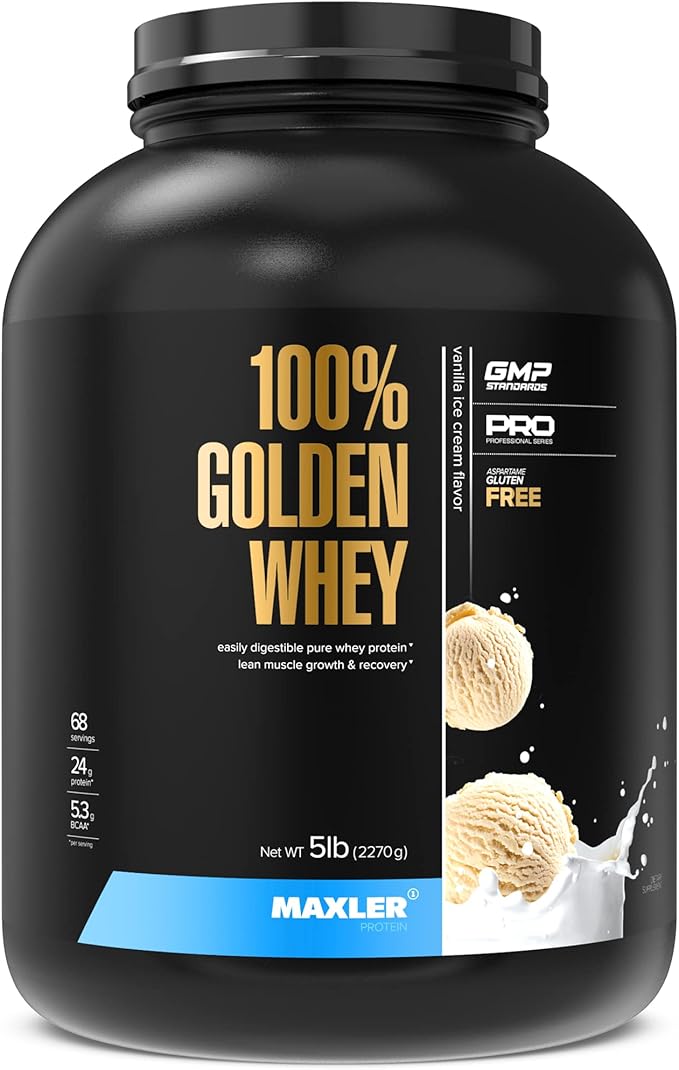 Maxler 100% Golden Whey Protein - 24g of Protein per Serving - Whey Protein Powder for Pre Post Workout - Fast-Absorbing Whey Concentrate Isolate &amp Hydrolysate Blend - Vanilla Ice Cream 5 lb