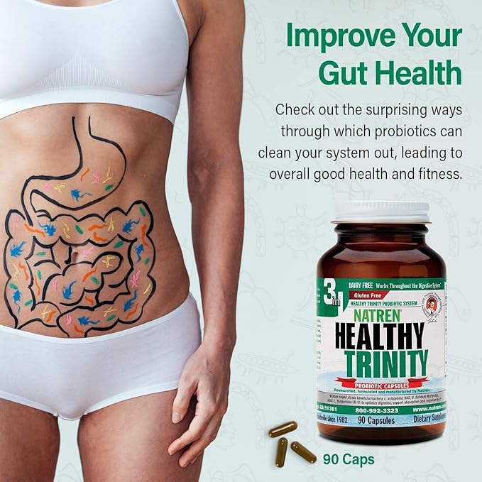 Natren Healthy Trinity Probiotics Supplement - 90 Dairy and Gluten Free Gel Capsules - Improve Gut and Digestive Health 30 Billion CFU - Lactobacillus Acidophilus Bifidobacterium Bulgaricus