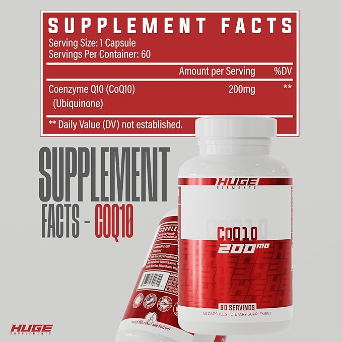 Huge Supplements CoQ10 200mg Coenzyme Q10 per Serving High Potency Heart Health Supplement with Antioxidant Benefits (60 Capsules)