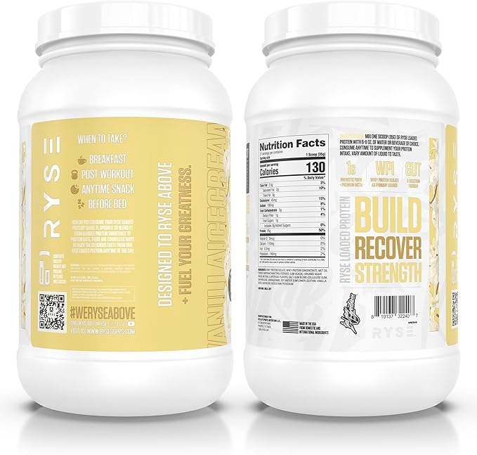 RYSE Loaded Protein Powder - Vanilla Ice Cream - 25g Whey Protein Isolate &amp Concentrate with Prebiotic Fiber &amp MCTs - Low Carb Low Sugar Digestive-Friendly - 27 Servings / 2 lb Tub