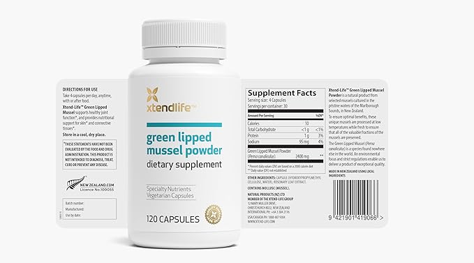 Xtendlife Green Lipped Mussel Powder - 2400mg Supplement with Omega-3 Fatty acids from New Zealand for Joint Health 120 Capsules (3 Pack)