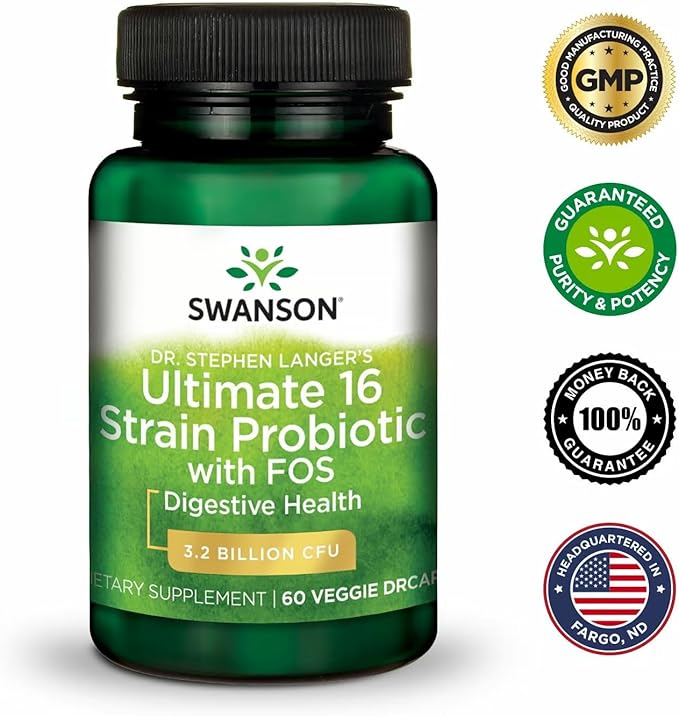 Swanson Dr. Stephen Langer's 16-Strain Probiotic with Prebiotic FOS for Gut-Health-Conscious Adults with 3.2 Billion CFU (60 Vegan Capsules 2 Pack)