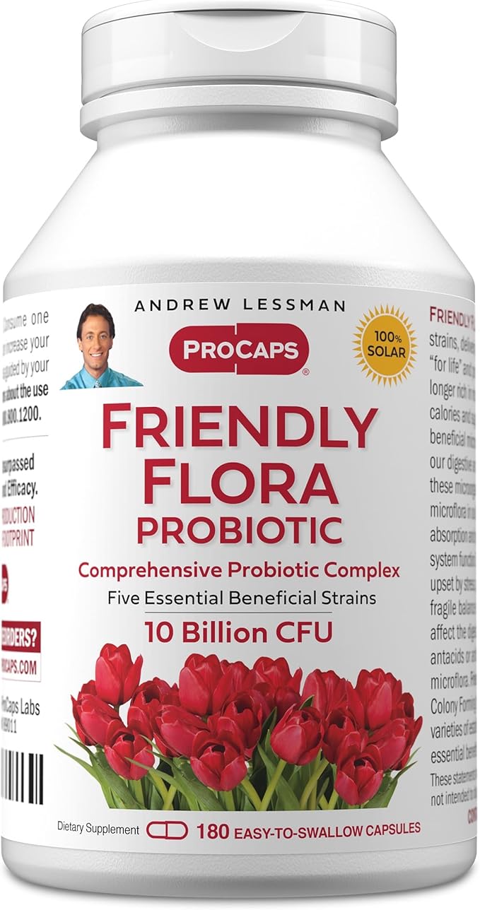 ANDREW LESSMAN Friendly Flora Probiotic 180 Capsules - 10 Billion CFU Comprehensive Blend of Five Probiotic Strains Powerful Immune and Digestive Support. Probiotics for Women or Men