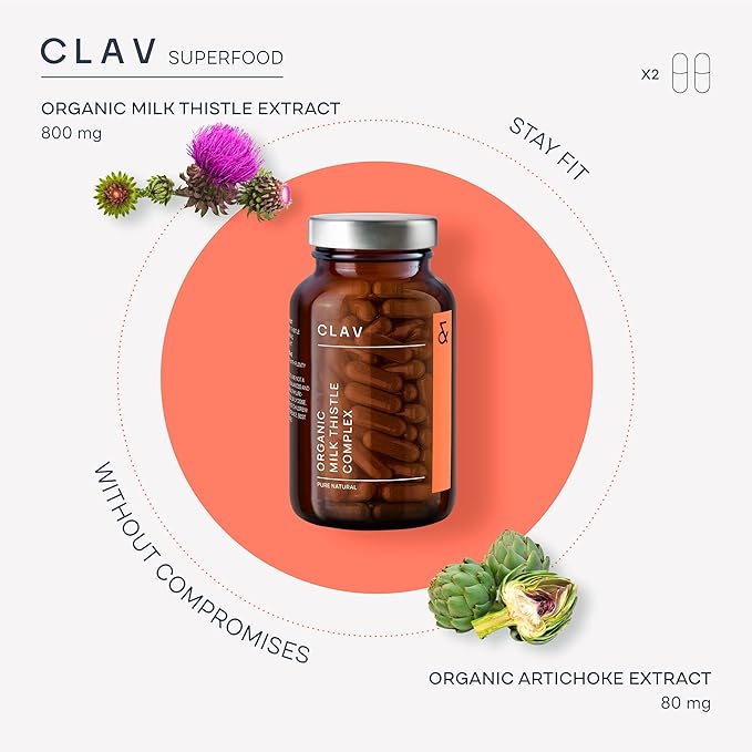CLAV Organic Milk Thistle &amp Artichoke Extract Complex -Rich in Silymarin &amp Bitters - Liver Support + Detox Supplement - 120 Capsules (60 Days Supply) - Vegan - Made in Germany