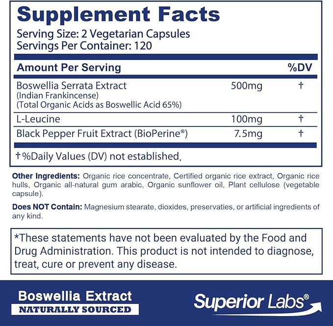 Superior Labs Boswellia Serrata Extract 500mg – 65% Boswellic Acids Pure Non-GMO Zero Fillers Indian Frankincense Supports Healthy Inflammatory Response &amp Joint Comfort – 240 Veg Caps