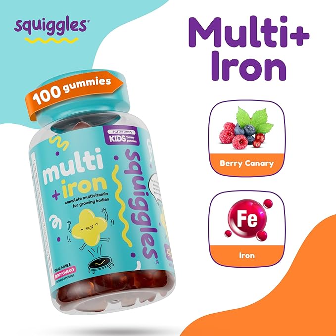 Squiggles Kids Multivitamin + Iron Gummies - Low Sugar Gummy Vitamins with Iron Supplements for Kids - Broad Spectrum of Vitamins and Minerals Chewy Yummy Berry Flavor (100 Count)