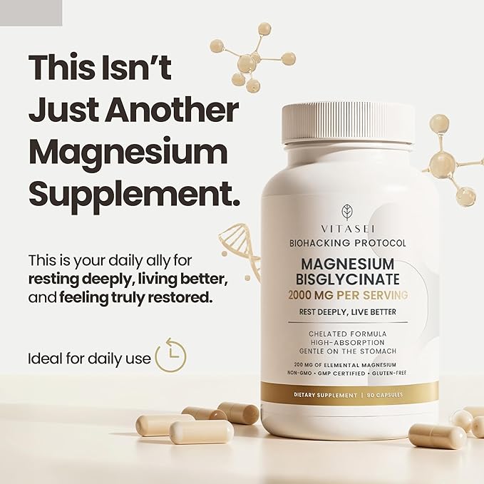 Vitasei Magnesium Bisglycinate – High Absorption Chelated Formula – 2000 mg per Serving (288 mg Elemental Magnesium) for Relaxation Sleep &amp Muscle Recovery – Gentle on Stomach – 90 Capsules