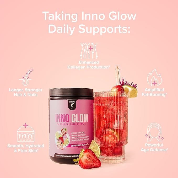 InnoGlow Multi Collagen Peptides Powder for Weight Loss - Thermogenic Fat Burner and Anti Aging Collagen Powder for Women - Hair Skin Nails Joint Support - 20 Servings (Strawberry Margarita)