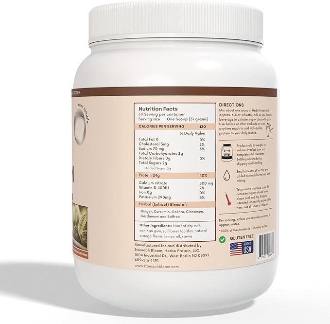Herbo Protein 100% Whey Protein Isolate Naturally Hydrolized. 24g of Protein 2g of Sugar Low Carb Gluten Free 2 Pound 30 Servings Vanilla - Cinnamon - Cardamom Protein Powder