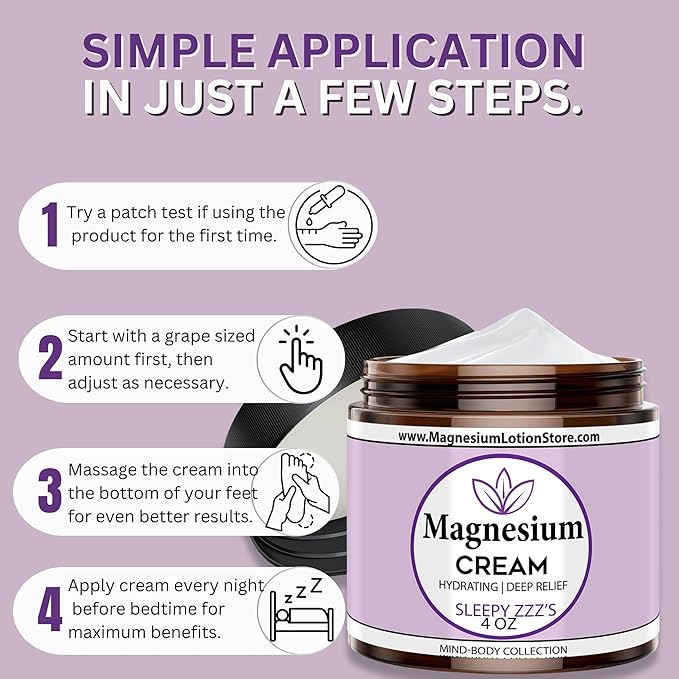 Magnesium Cream with Sleepy Zzz’s Essential Oil Scent Topical Cream for Sleep Leg Cramps &amp Pain Muscle Relaxation Calm Moisturizing Supplement with Coconut Oil Shea Butter Aloe 4 oz USA Ma