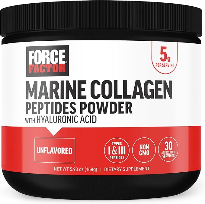 Force Factor Marine Collagen Powder for Women and Men Marine Collagen Peptides Type I &amp III with Hyaluronic Acid to Support Healthy Hair Skin Nails Bones and Joints Unflavored 30 Servings