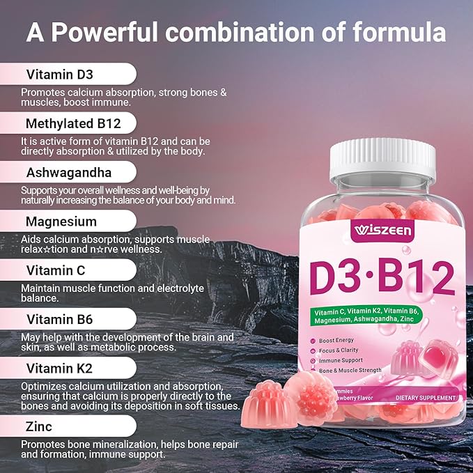 Vitamin D3 B12 Gummies D3 B12 Vitamin for Adults Vitamin D Supplement with Ashwagandha Magnesium Vitamin K2 for Immune &amp Energy Support