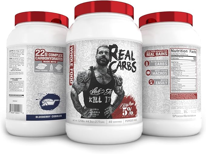 5% Nutrition Rich Piana Real Carbs with Real Food Complex Carb Powder Long-Lasting Low Glycemic Energy for Pre-Workout/Post-Workout Recovery Meal 2.8 lb 40 Servings (Blueberry Cobbler)