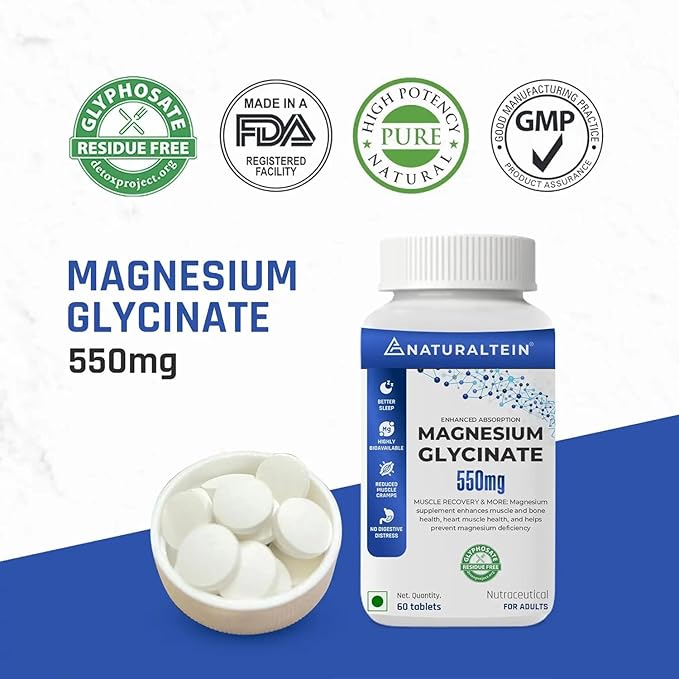 Magnesium Glycinate Supplement - 60 Tablets x 121 mg Elemental Magnesium 555 mg Once Daily Women Pure Chelated Bisglycinate for Good Health and Sleep - Tested and Trusted for Heavy Metals
