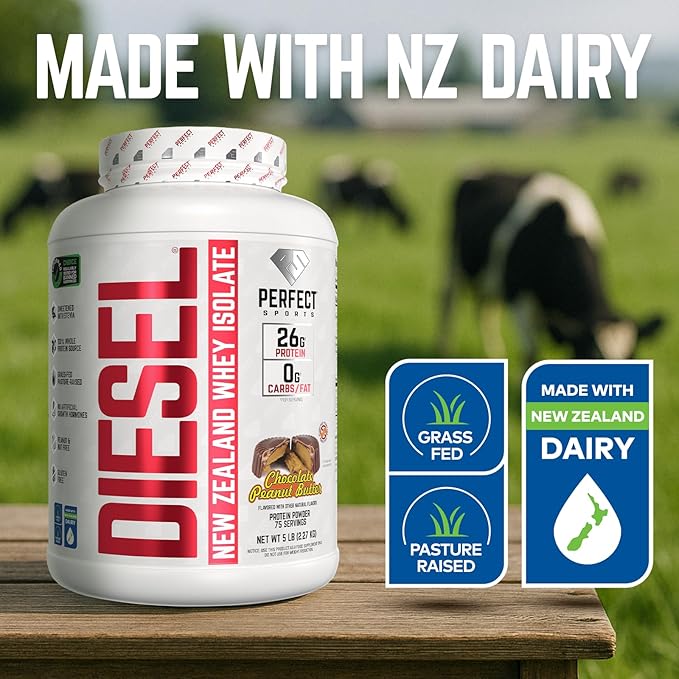PERFECT SPORTS Diesel 100% New Zealand Whey Protein Isolate | Stevia Sweetened No Artificial Ingredients Keto | 0g Carb 0g Fat 26g Protein | 5 Pounds (Chocolate Peanut Butter)