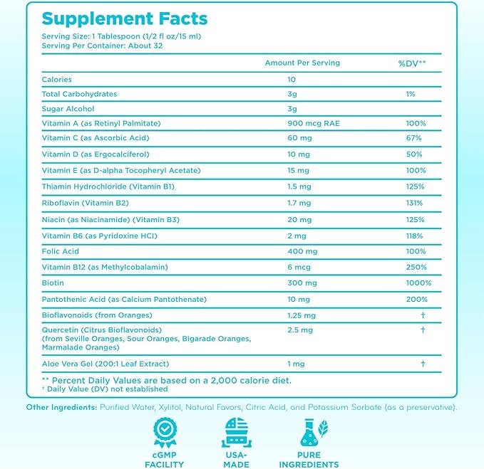 Sugar Free Liquid Multivitamin for Kids - High Absorption Kids Liquid Multivitamin with Vitamins A C D E &amp B Complex Plus Quercetin Immune Support Complex - 3rd Party Tested - Orange Flavor (1 Mon