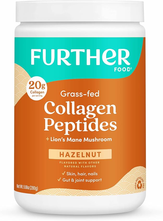 Further Food Hazelnut Collagen Peptides Powder with Lion’s Mane Mushroom Grass-Fed Hydrolyzed Type 1 &amp 3 Protein Gut Health + Joint Hair Skin Nails Paleo Keto Sugar-Free 9.88 oz