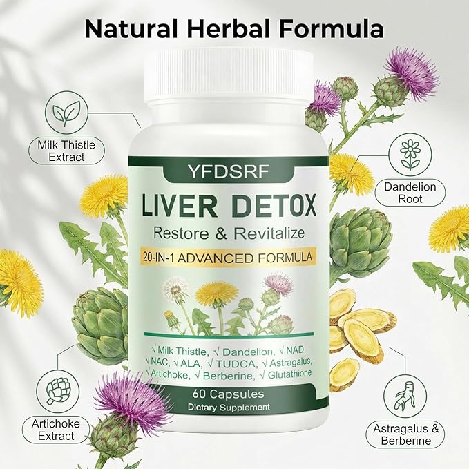 Liver Detox Capsules - 20-in-1 Herbal Supplement with Milk Thistle Turmeric Artichoke &amp Dandelion Root for Liver Cleanse Fatty Liver Support &amp Digestive Balance Vegan Formula 60 Capsules