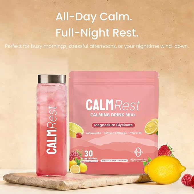 Calm Magnesium Powder Cortisol Supplement for Women Supports Sleep Stress Relief &amp Relaxation with Ashwagandha Saffron L Theanine Vitamin D3 No Sugar 30Ct Raspberry Lemonade