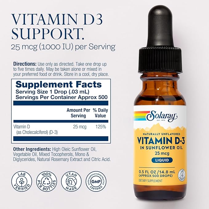 SOLARAY Vitamin D3 Liquid Drops 25 mcg (1000 IU) - Enhanced Absorption Vitamin D Drops in Sunflower Oil for VIT D3 Support - Naturally Unflavored Dropper Included - Approx. 500 Servings 0.5oz