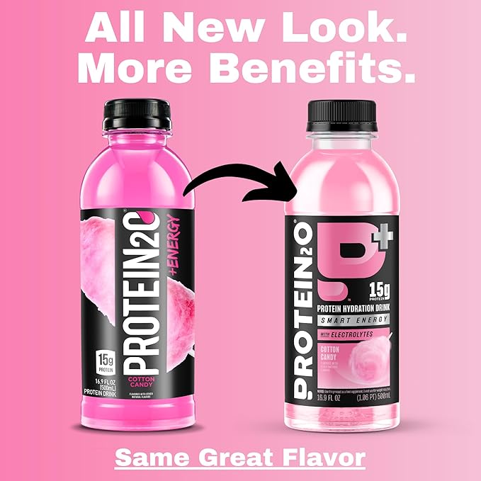 Protein2o 15g Whey Protein Isolate Hydration Drink Plus Energy &amp Focus 350mg of Electrolytes Vitamins B5 &amp B6 Sugar Free Cotton Candy 16.9 oz Bottle (Pack of 12)