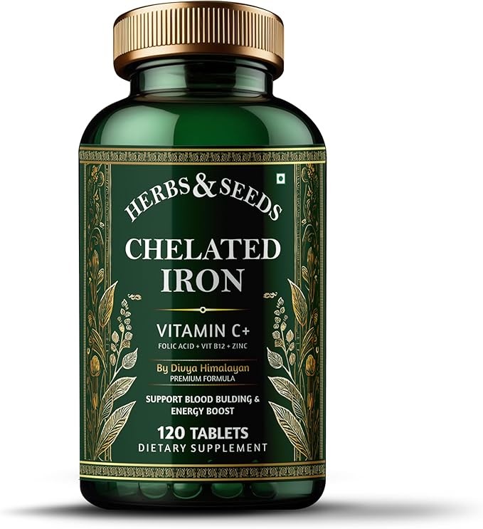 HERBS &amp SEEDS Extra-Strength Chelated Iron Highly Highly-Absorbable Iron Supplement for Women &amp Men 65 mg for Healthy Red Blood Cell Production Gluten-Free Non-GMO Dairy-Free Vegan 120 P