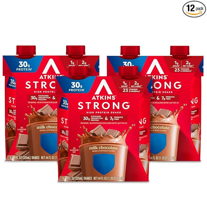 Atkins Strong High Protein Shake Milk Chocolate 30g Protein 7g Prebiotic Fiber 1g Sugar GLP-1 Support Muscle &amp Gut Health Support Complex 12 Count