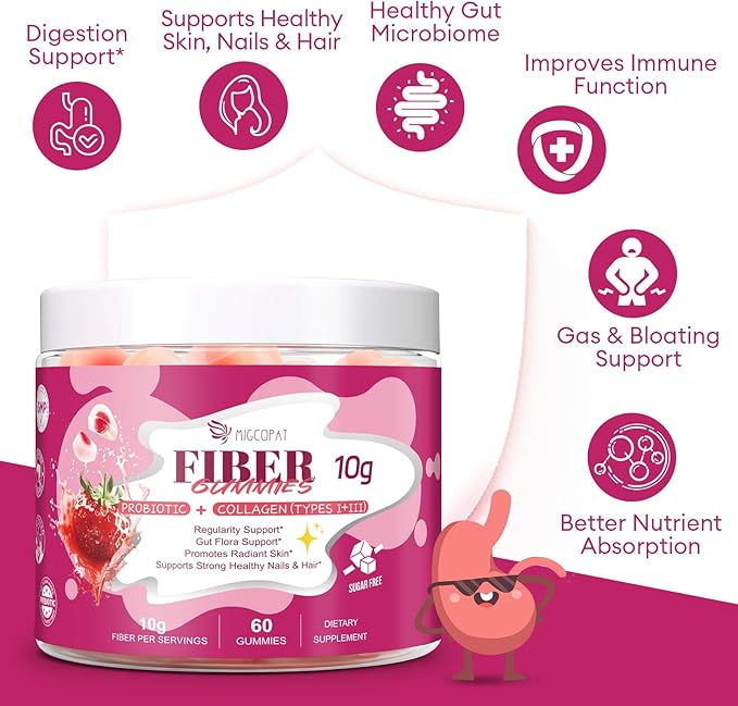 10G Fiber Gummies with Collagen Peptides Hyaluronic Acid Vitamin C ACV &amp 30 Billion CFU Probiotics – Sugar Free Collagen Gummies for Skin Hair &amp Nails – Digestive Support – 120 Cts